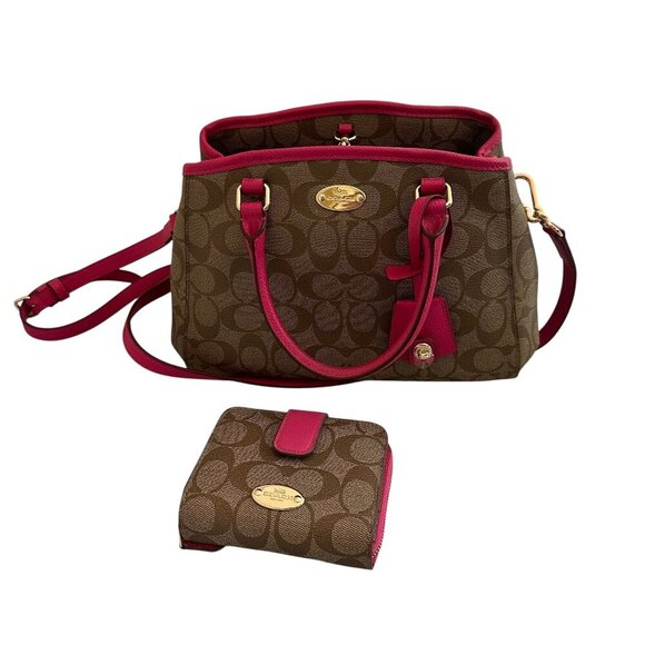 Coach Mini Margot Signature Brown Pink Handbag Caryall Purse + Wallet Leather - Picture 1 of 16